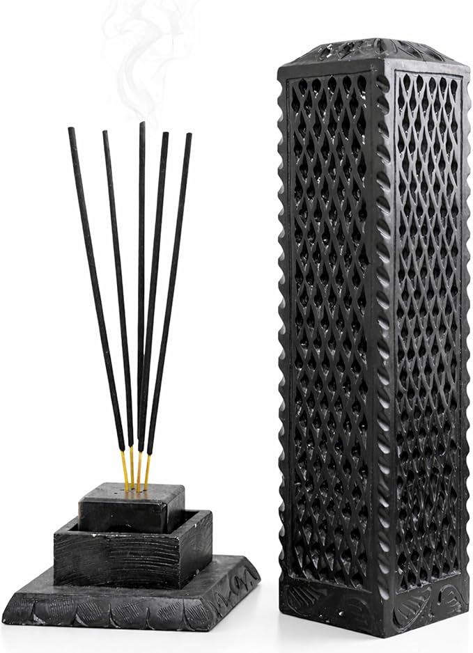 Handmade Marble Black Soapstone Incense Stick Burner | Candle Stick Holder | Tea Light Burner - Perfect Jaali Carving for Gifting. Decorative Home and Kitchen Decor (3 x 3 x 11 Inches).