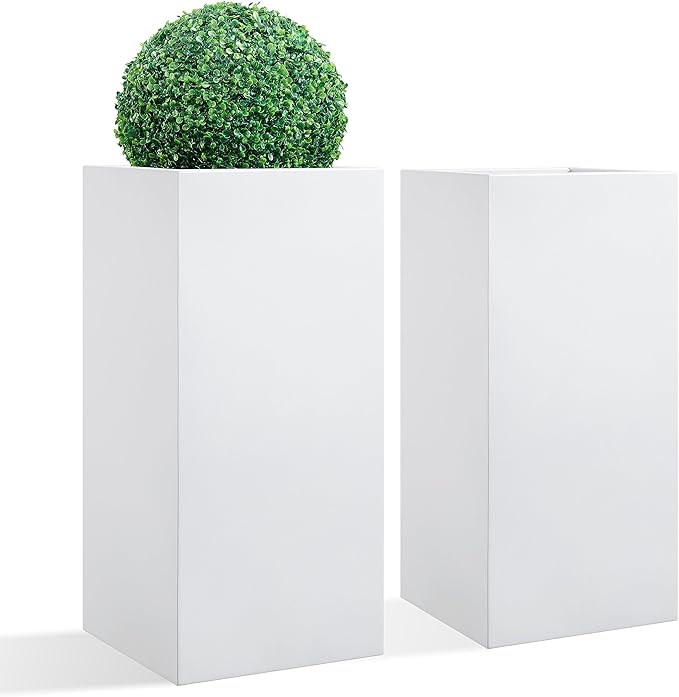 Wallowa Metallic Heavy Tall Outdoor/Indoor Planter Box, Seamless Metal Planter, Rectangular, 14”Lx14”Wx30”H, ‎25 Pounds Each, Pure White, No Assembly and Seamless, Set of 2