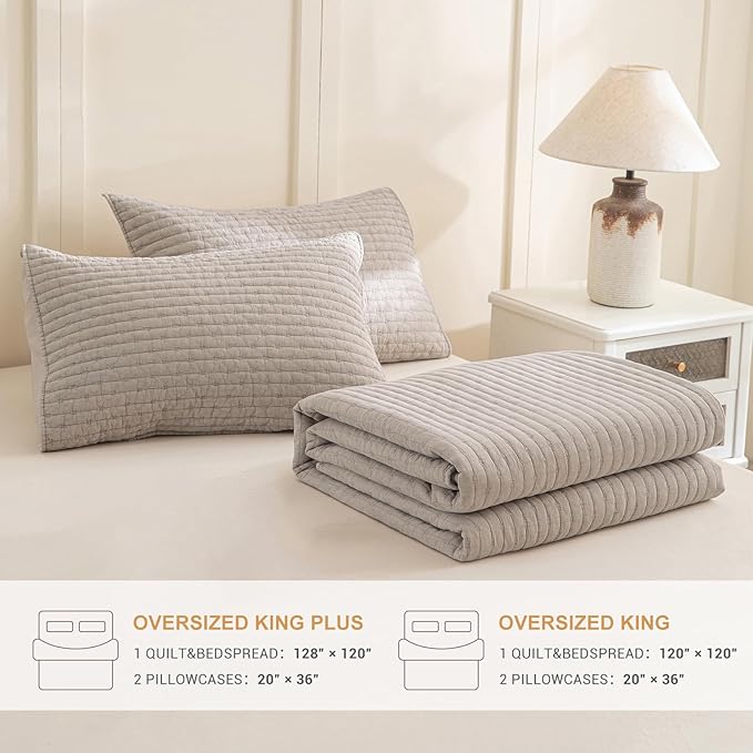 Sanracie Stonewashed Cotton Coverlet Oversized King(120"x120"), Linen Colored Cross Stitch Pattern California King Quilt Sets 3Pcs Ultra Soft Lightweight Crinkle Bed Coverlet Set for All Season
