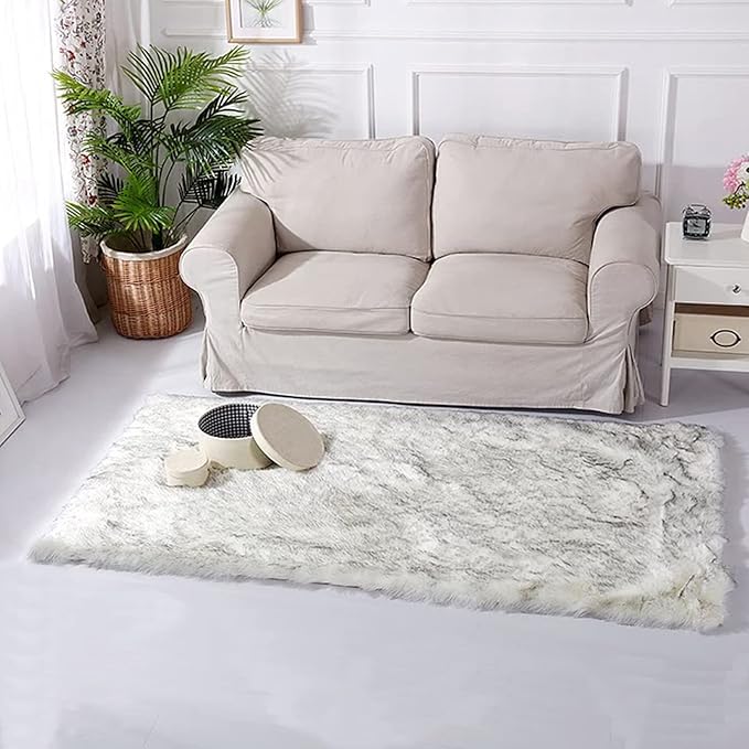 Latepis Boho Runner 2x6 White with Grey Tips Fluffy Shag Rug Washable Shaggy Rugs Faux Sheepskin Fur Rug Throw Rugs for Living Room Bedroom,Runner