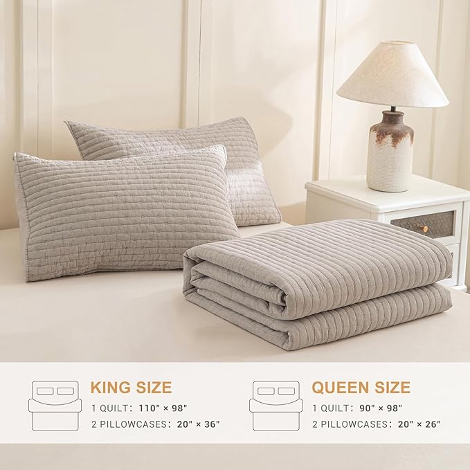 Sanracie Stonewashed Queen Quilt Bedding Set(90"x98"), Cotton Linen Colored Crinkle Bedspread Coverlet 3Pcs Soft Lightweight Breathable Cross Stitch Pattern Bedspread Set for All Season