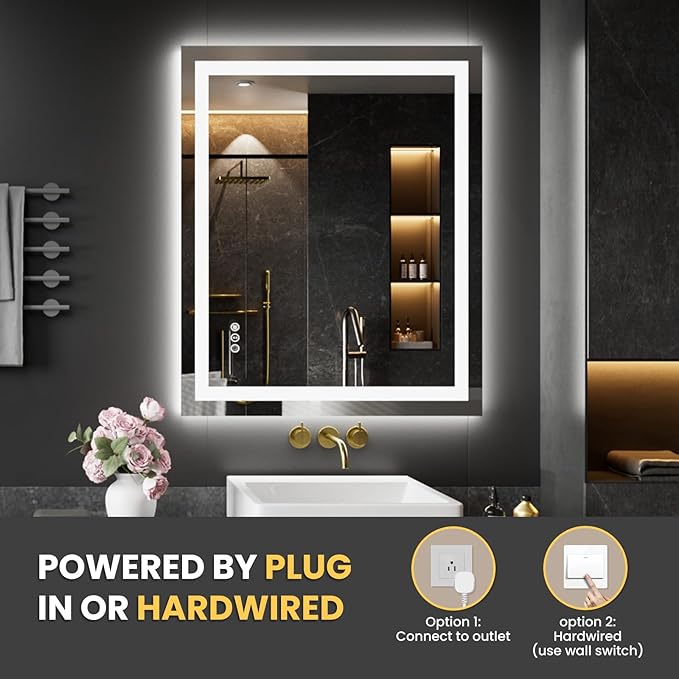 LOAAO 28X36 LED Bathroom Mirror with Lights, Anti-Fog, Dimmable, Backlit + Front Lit, Lighted Bathroom Vanity Mirror for Wall, Memory Function, Tempered Glass, Safe to Use, ETL Listed
