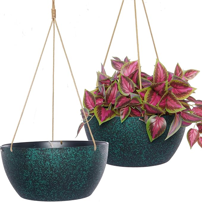 12 Inch 2 Pack Large Hanging Planters for Indoor Outdoor Plants, Plastic Hanging Basket Pots for House Plants Flowers, Black Speckles