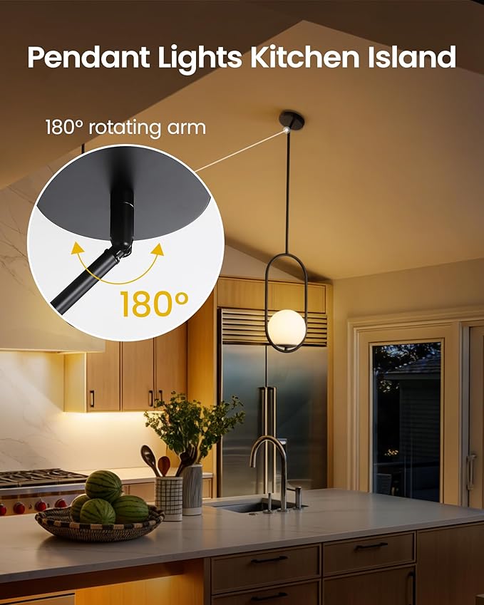 Yunnix 1-Light Modern Black Globe Pendant Lights Kitchen Island | Milk Glass Hanging Lamp for Kitchen Island, Dining Room, Bedroom, Living Room (Bulb Not Included)