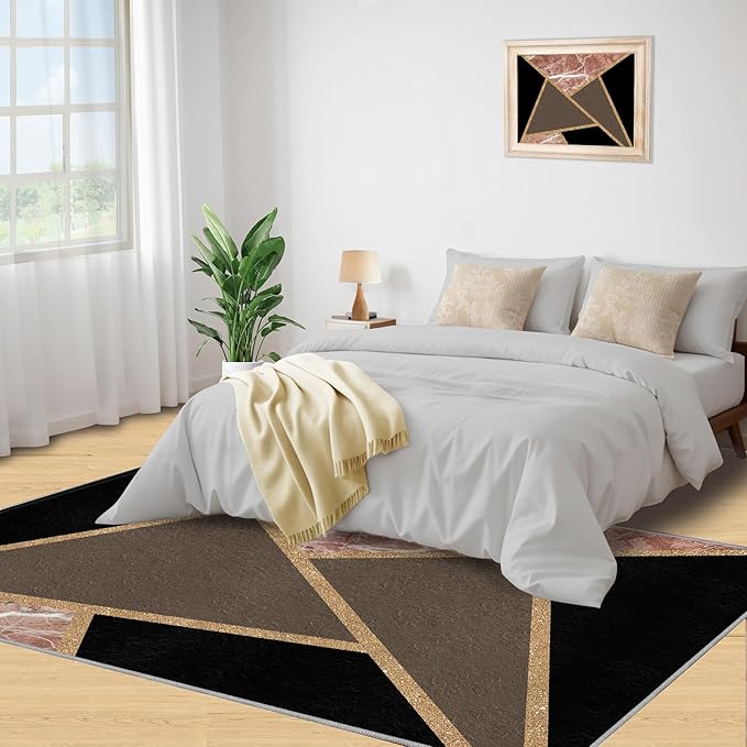 Black Gold Marble Rug Modern Geometric Marble Area Rug Mid-Century Minimalist Geometric Rugs Vintage Crackle Carpet Washable Non-Slip Carpet for Bedroom 6x8ft