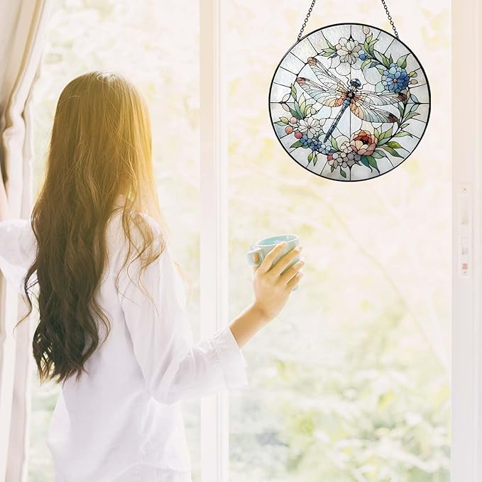 Dragonfly Sun Catcher 6.3‘’ Dragonfly Gifts for Women Stained Glass Window Hanging Sun Catchers Indoor Window Wall Decor Handmade SunCatcher Decoration for Garden Home Housewarming Gifts