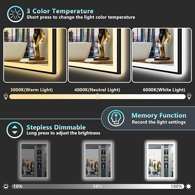 28x36 Inch Black Framed LED Bathroom Mirror with Lights, Backlit & Front Lit, Anti-Fog Lighted Vanity Mirrors for Bathroom Wall, Dimmable, 3-Color Light, Memory, Shatter-Proof, Tempered Glass