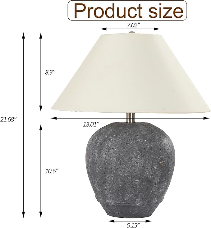 Pia Ricco 21'' Large Gray Base Ceramic Basin Table Lamp for Bedroom, Living Room, Dining Room, Office, White Shade