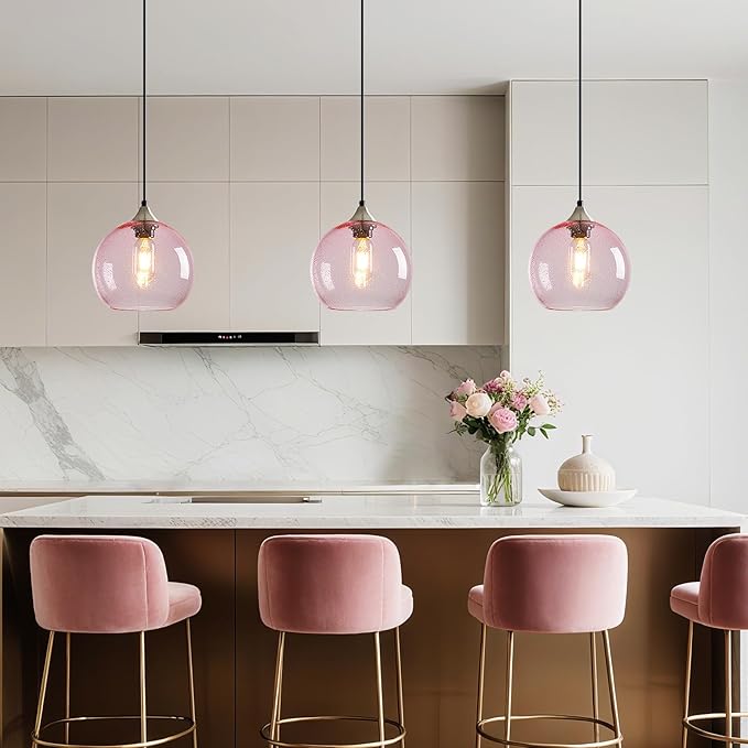 Pink Glass Pendant Lights Kitchen Island Lighting Globe Pendant Light Fixtures Modern Pendant Lighting for Bedroom Living Dining Room Light Fixture (7.87 in, 1 Pack)