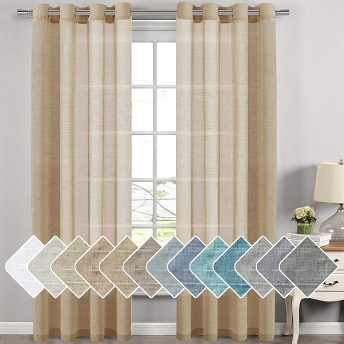 H.VERSAILTEX Linen Curtains Flax Linen Blended Curtain Panels for Living Room/Bedroom Semi Sheer Privacy Curtains 108 inch Length 2 Panels Set Nickel Grommet Window Drapes (52 by 108 Inch, Taffy)