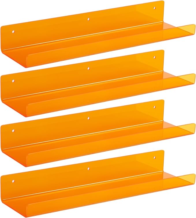 upsimples Acrylic Shelves for Wall Decor, 15" Display Shelf Perfume Organizer for Bathroom, Bedroom, Living Room, Floating Bookshelves for Kids, Clear Orange, 4 Pack