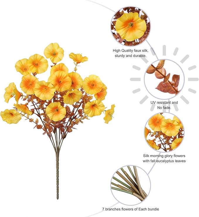 Fake Mums Fall Artificial Flowers Plants for Outdoors Autumn Decoration, 12 Bundles Silk Morning Glory with Eucalyptus Realistic UV Resistant Faux Mums for Outside Planter Yard Garden Home Indoor, Mix