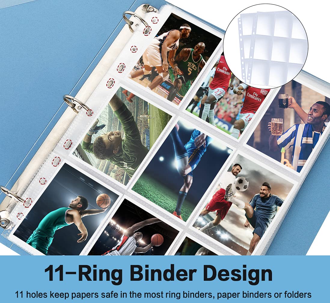 HERKKA Trading Card Sleeve Pages, 100 Pack 9 Pocket Album Pages 11 Holes Fit 3 Ring Binder