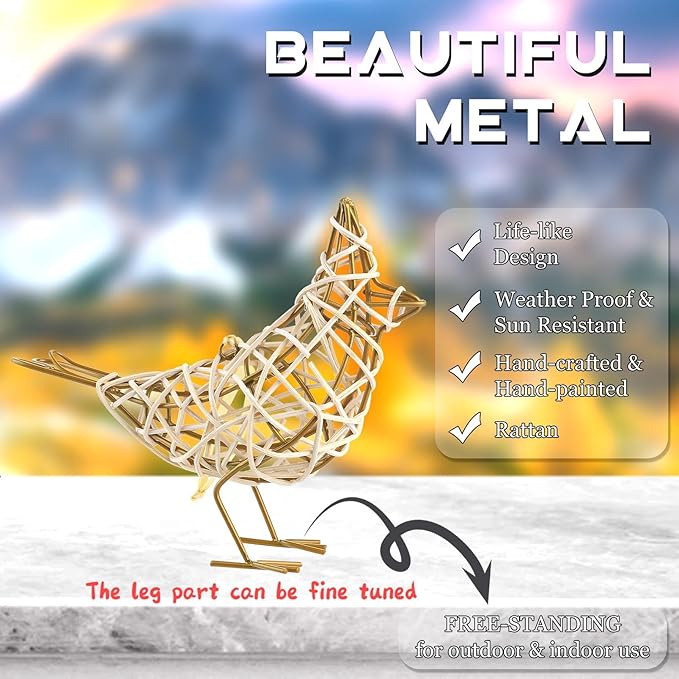 White Woven Bird Duo - Metal & Rattan Tabletop Sculptures, Modern Boho Decor with Detachable Memo Clips and Christmas Ornament (6x5.5x2.3in)