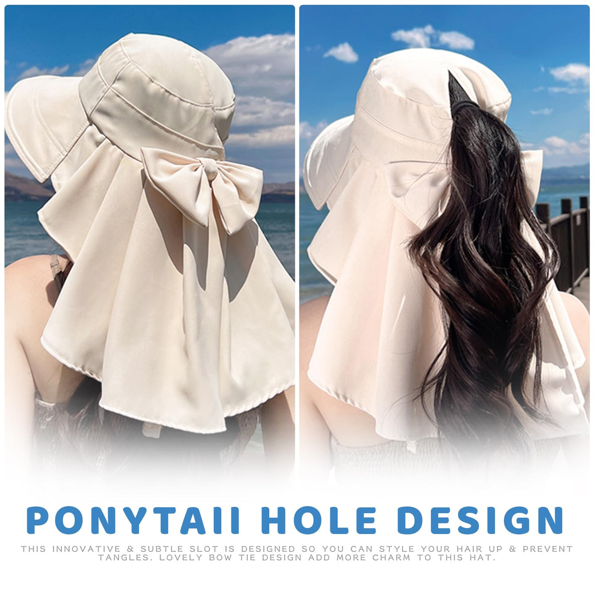 Chasenew Summer Sun Hat Neck Flap Cover UV Protection Wide Brim Fishing Hiking Hat Foldable Women Ponytail Safari Beach Outdoor Cyan