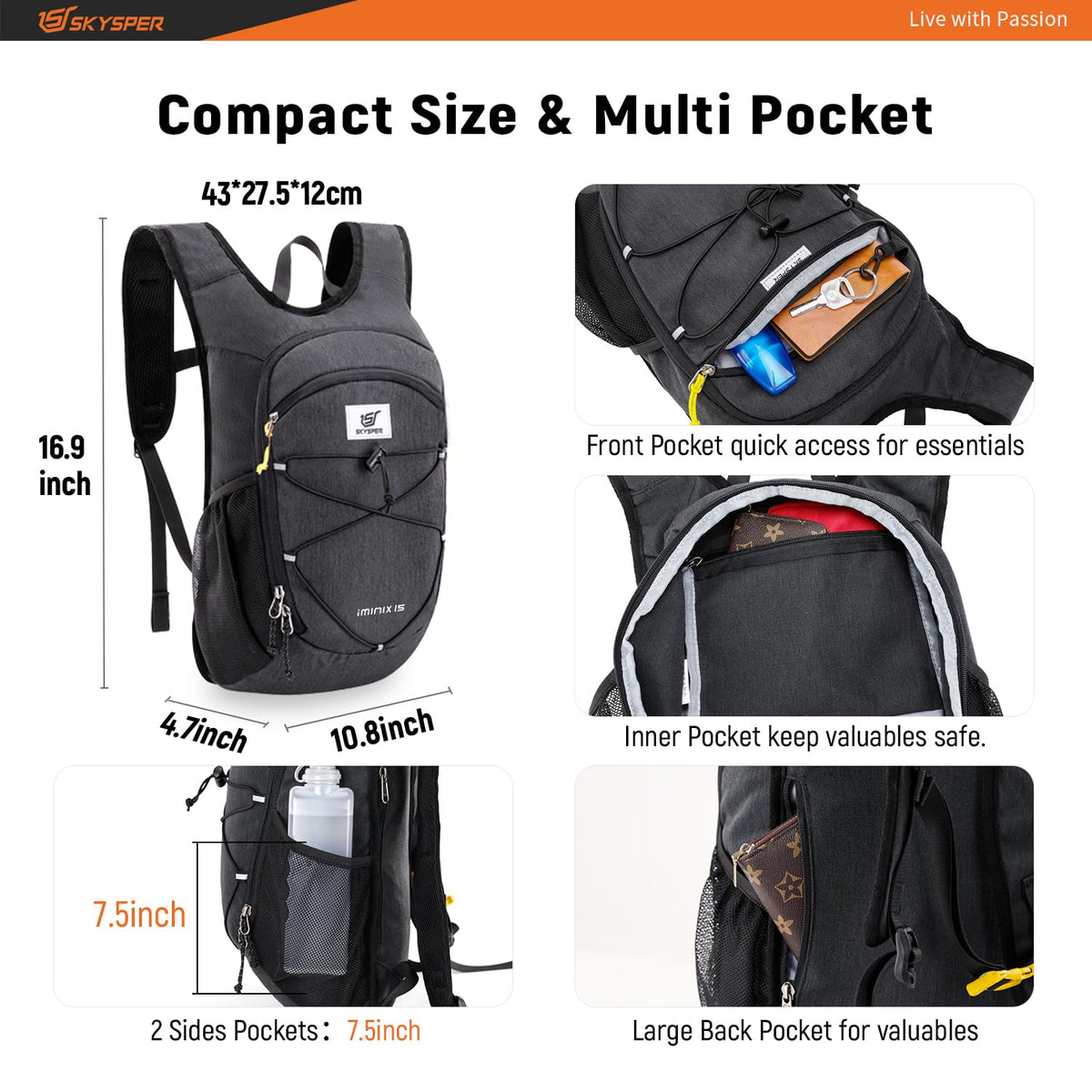 SKYSPER 15L Foldable Hiking Backpack Lightweight Packable Travel Daypack with Chest Strap Small Outdoor Folding Back Pack Collapsible Bag for Women Men (Black)