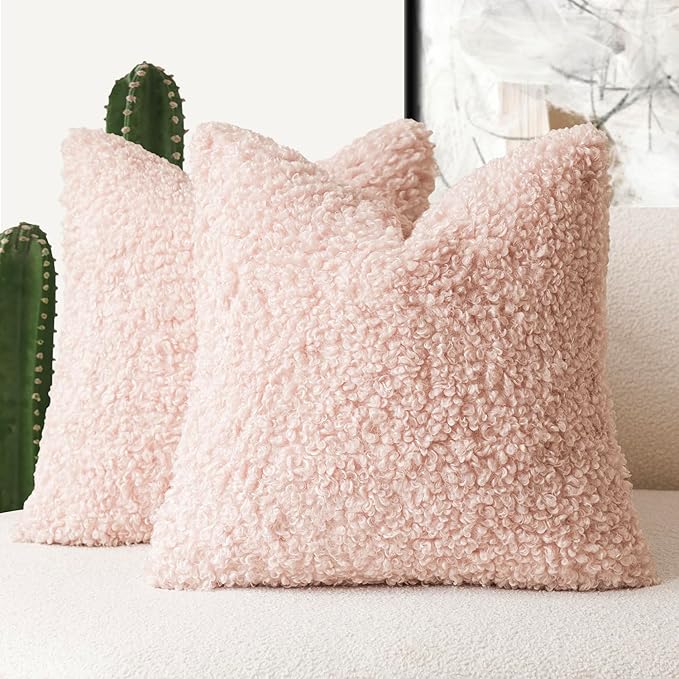 Foindtower 2 Pieces 24x24 Inch Light Pink, Faux Fur Throw Pillow Cover Accent Sherpa Furry Pillow Covers Fuzzy Soft Pillowcases Cozy Sheepskin Decorative Fleece Cushion Case for Bed Couch Living Room