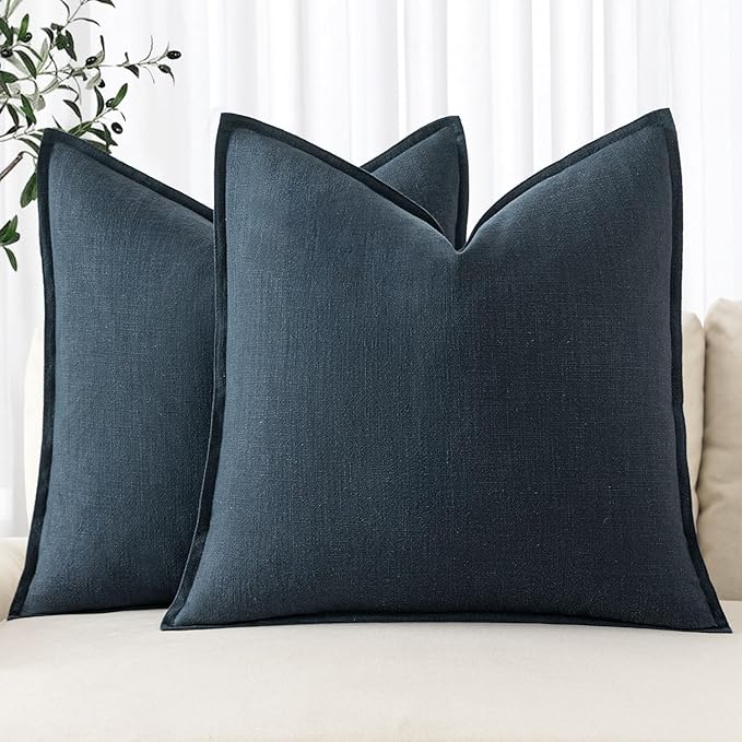 MIULEE Decorative Linen Euro Sham Pillow Covers 24x24 Navy Blue Boho Farmhouse Neutral Couch Throw Pillows for Bed Pack of 2 Accent Coastal Modern Pillowcase Summer Sofa Livingroom Home Decor