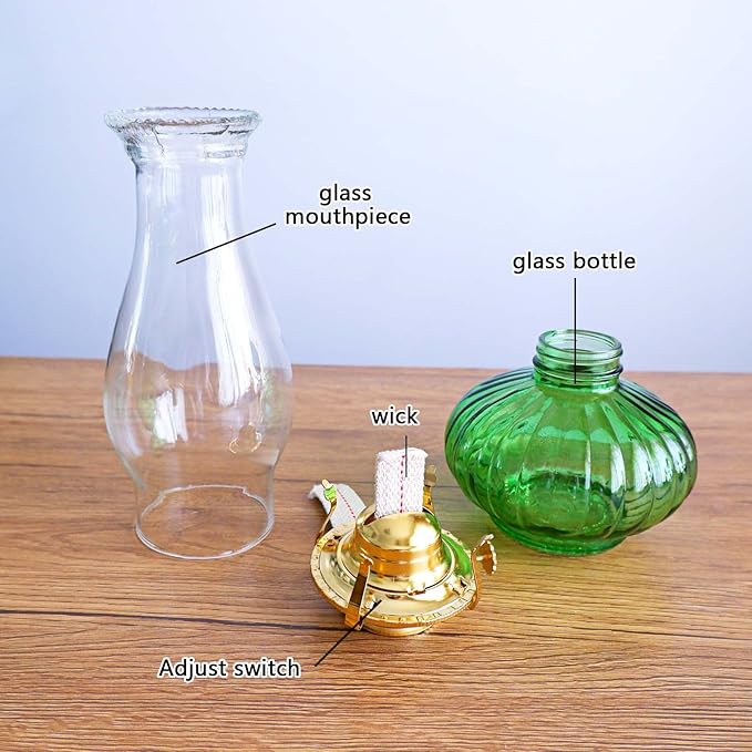Large Oil Lamp for Indoor Use,Rustic Kerosene Lamp with 2 Pcs Wicks and 1 Tweezers,Glass Hurricane Lantern for Home Emergency Lighting (Green)