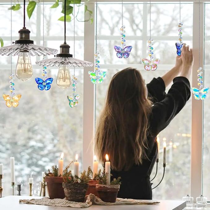 6pcs Crystal Butterfly Suncatchers Hanging Ornaments, Rainbow Maker Sun Catchers Indoor Window Outdoor Patio Garden Decor Gifts (Butterfly)