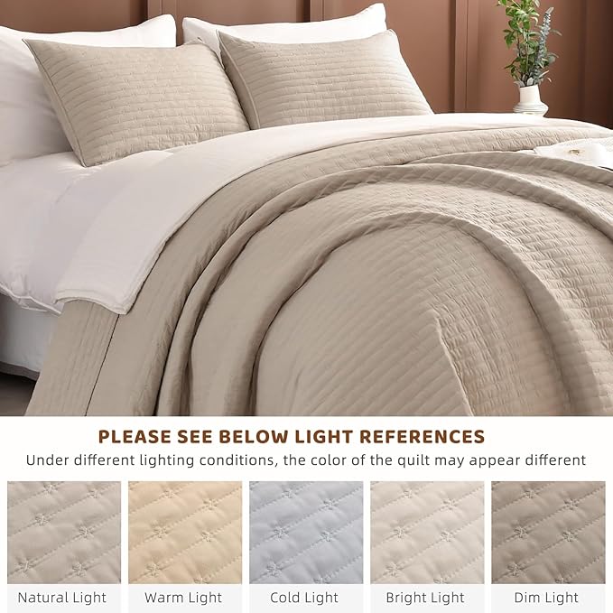 Sanracie Oversized King Quilt Bedspreads 128"x120" for Extra Bed, 100% Cotton California King Coverlet Quilt Set Linen Colored 3Pcs Lightweight Extra Large King Bed Quilt for All Season