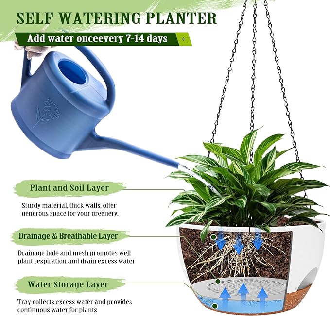 Hanging Planters for Outdoor Indoor Plants, 2 Pack 10 Inch Hanging Basket Plants Outdoor, Self Watering Hanging Planter with Plant Hanger for Garden Home Decoration (White, 10 inch)