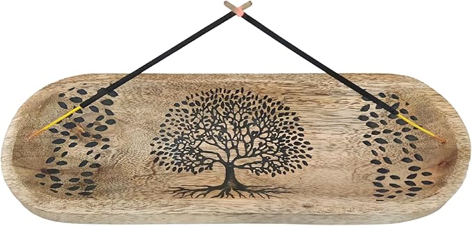 VANIYA CRAFTS® Wooden Handmade Tree of Life Design Boat Shape Incense Holder Stand Insence Tray for Home Decor Restaurant (11X4, Natural Black)