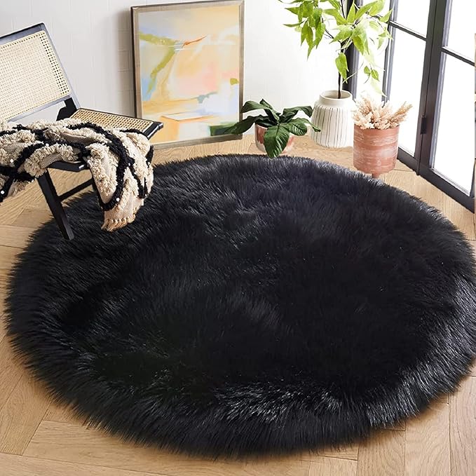 Black Fuzzy Washable Shaggy Area Rugs for Bedroom Small Circle Faux Sheepskin Shag Fur Round Rug 3ft Nursery Rug