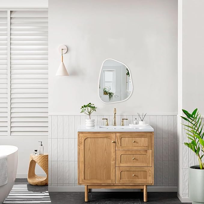 Asymmetrical Mirror Small 16"x12" Irregular Wall Mirror Modern Wood Frame Unique Shape Wall Mounted Vanity Artistic Mirror Decorative for Living Room Bedroom Bathroom Entryway Hallway