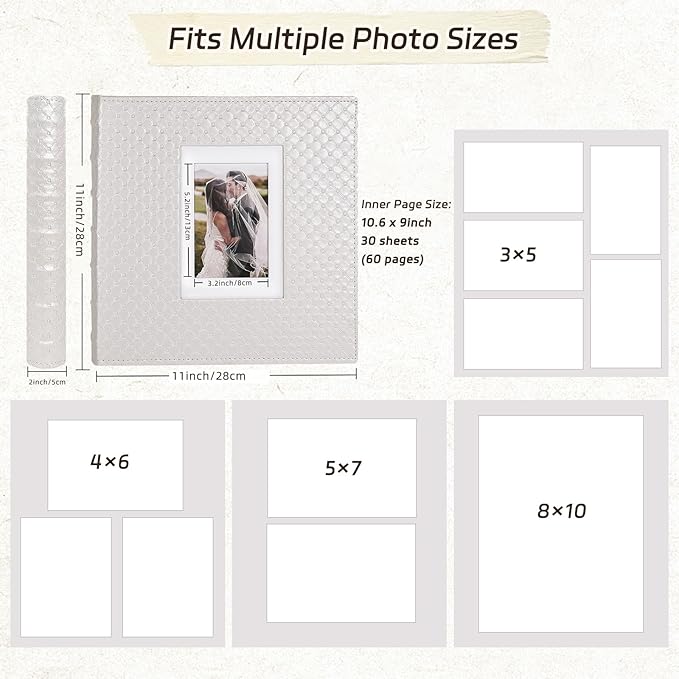 RECUTMS 30 Pages DIY Scrap book Photo Album 4x6 5x7 8x10 Pictures PU Leather Cover Wedding Photo Album Baby Picture Book Family Pictures of Any Size Scrapbook Album(White)