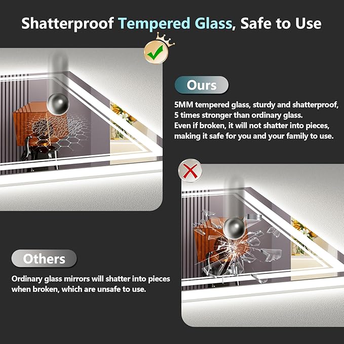48x32 LED Bathroom Mirror with Lights, Backlit & Front Lit, Anti-Fog Frameless Lighted Vanity Mirrors for Bathroom Wall, Dimmable, 3-Color Light, Memory, Shatter-Proof, Tempered Glass, CRI＞90
