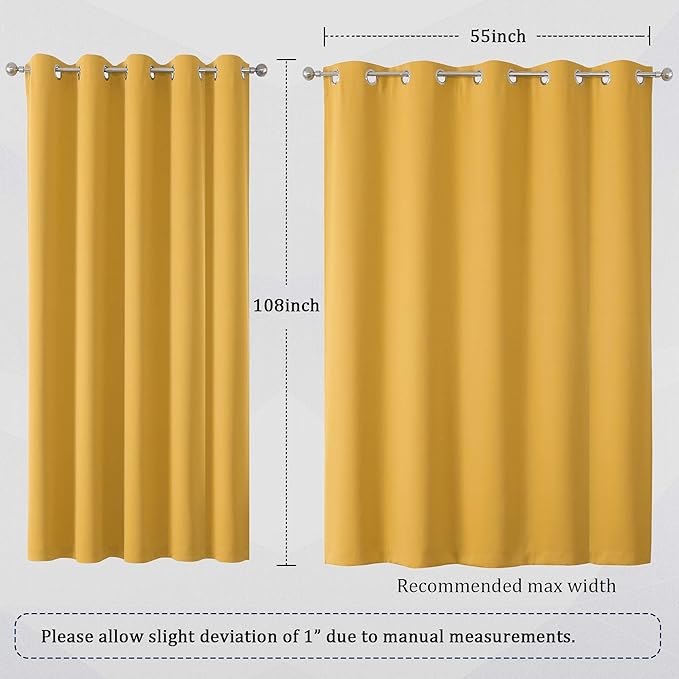 DUALIFE Yellow Curtains 108 Inches Long 2 Panels Blackout Curtain Panels for Bedroom Room Darkening Gold Solid Window Drapes for Living Room Thermal Insulated Grommet Top 60Wx108L