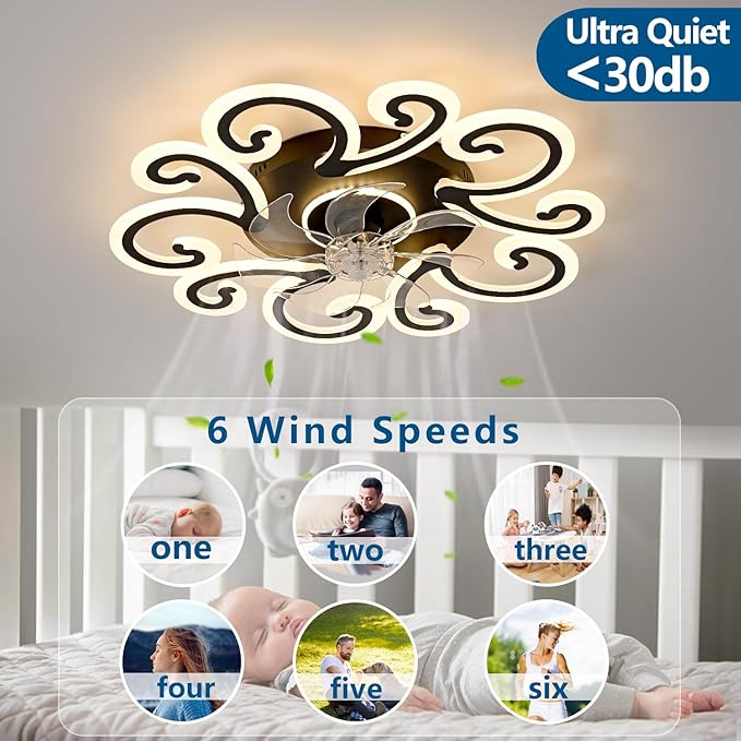 HuixuTe 29" Black Flower Modern Ceiling Fan with Lights Remote Control, Low Profile Ceiling Fan with Light for Kitchen Bedroom Living Room