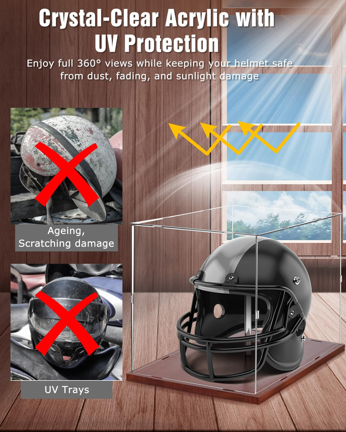 Fitense Full Size Football Helmet Display Case - 15.4×11×11.8in Interior, 100% Wooden Base, Compatible with Baseball/Motorcycle/Racing Helmets, High-Transparency Acrylic with UV Protection