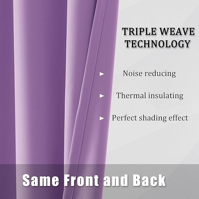 DUALIFE Solid Thermal Insulated Blackout Curtains Purple for Girls Bedroom Window Treatment Ring/Grommet Top Drapes Triple Weave Home Decoration (52 x 54 Inch, 2 Panels, Amethyst Orchid)