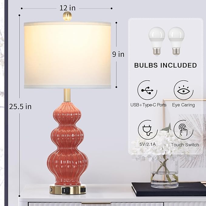 Triple Gourd Ceramic Table Lamps Set of 2, Modern Orange Bedside Lamps with USB A+C Ports & AC Outlet, 3 Way Touch Control Contemporary Nightstand Lamps for Bedroom Living Room