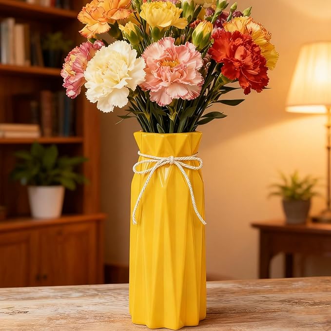 Ceramic Vase for Home Decor Yellow Modern Flower Vase for Pampas Grass Dried Flowers 9.5" H x 3.9" W Vases for Living Room Decorations Porcelain Tulip Vases for Table Kitchen Decor