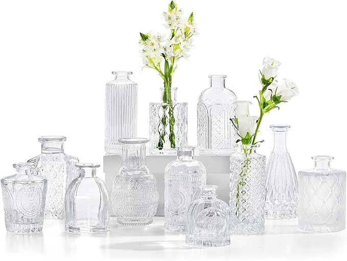 Glass Bud Vases Set of 12, Small Vases for Flowers, Clear Bud Vases in Bulk for Centerpieces Mini Vintage Vase for Rustic Home Wedding Table Decorations