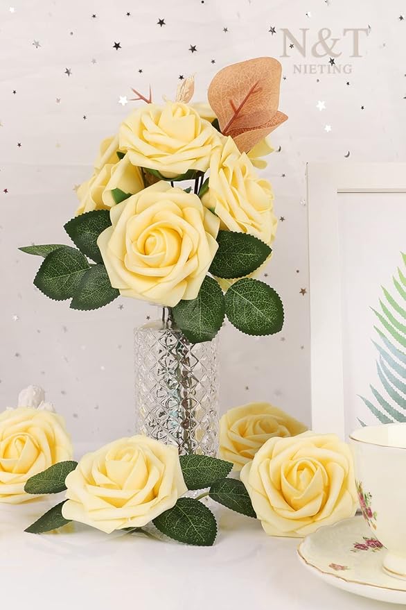 N&T NIETING Artificial Flowers, 25Pcs Fake Flowers Goose Yellow Roses Perfect for DIY Wedding Bouquets Centerpieces Bridal Shower Party Home Flower Arrangement Decorations