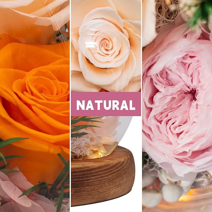 Eternal Flowers for Decoration: Preserved Flowers in Glass Dome, Unique Forever Flowers Gift for Her BBF – Perfect Decorative Flowers for Home Décor - Flowers for Delivery Prime (Champagne)