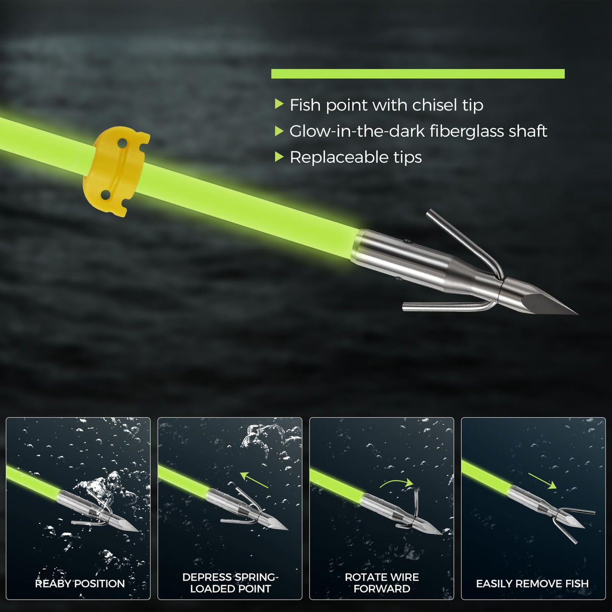 KEAUP 6 Pack 32 inch Bowfishing Arrows with Broadheads and Safty Slides Bow Fishing Arrow Luminous for Compound Bow Recurve Bow Fishing Hunting