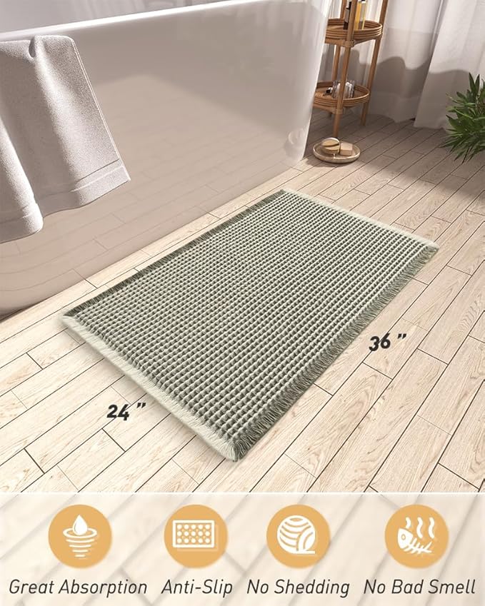 AMOAMI Upgraded Waffle Bath Mat, Super Absorbent Non Slip Bath Mats for Bathroom Floor, Machine Washable Bathroom Rugs with Tassels, Rubber Backed Bathroom Mats, Ultra Soft, 24" x 36", Green & Cream