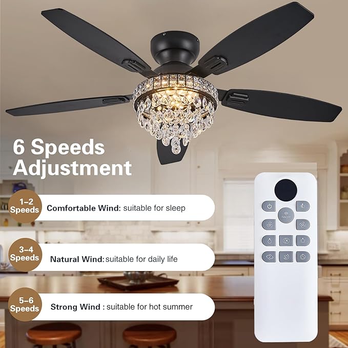 Crystal Ceiling Fan Fandelier with Lights-Ceiling Fans with Lights,50" Low Profile and Remote Control, Flush Mount, Reversible, Dimmable, Noiseless, Black Ceiling Fan for Bedroom