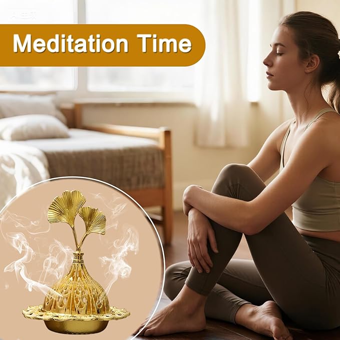 Majewel 3 in 1 Incense Holder, Vintage Incense Holders for Sticks with 9 Holes, Incense Burner Ash Catcher, Brass Incense Stick and Cone Burner for Meditation, Yoga, Home Decor (Ginkgo)