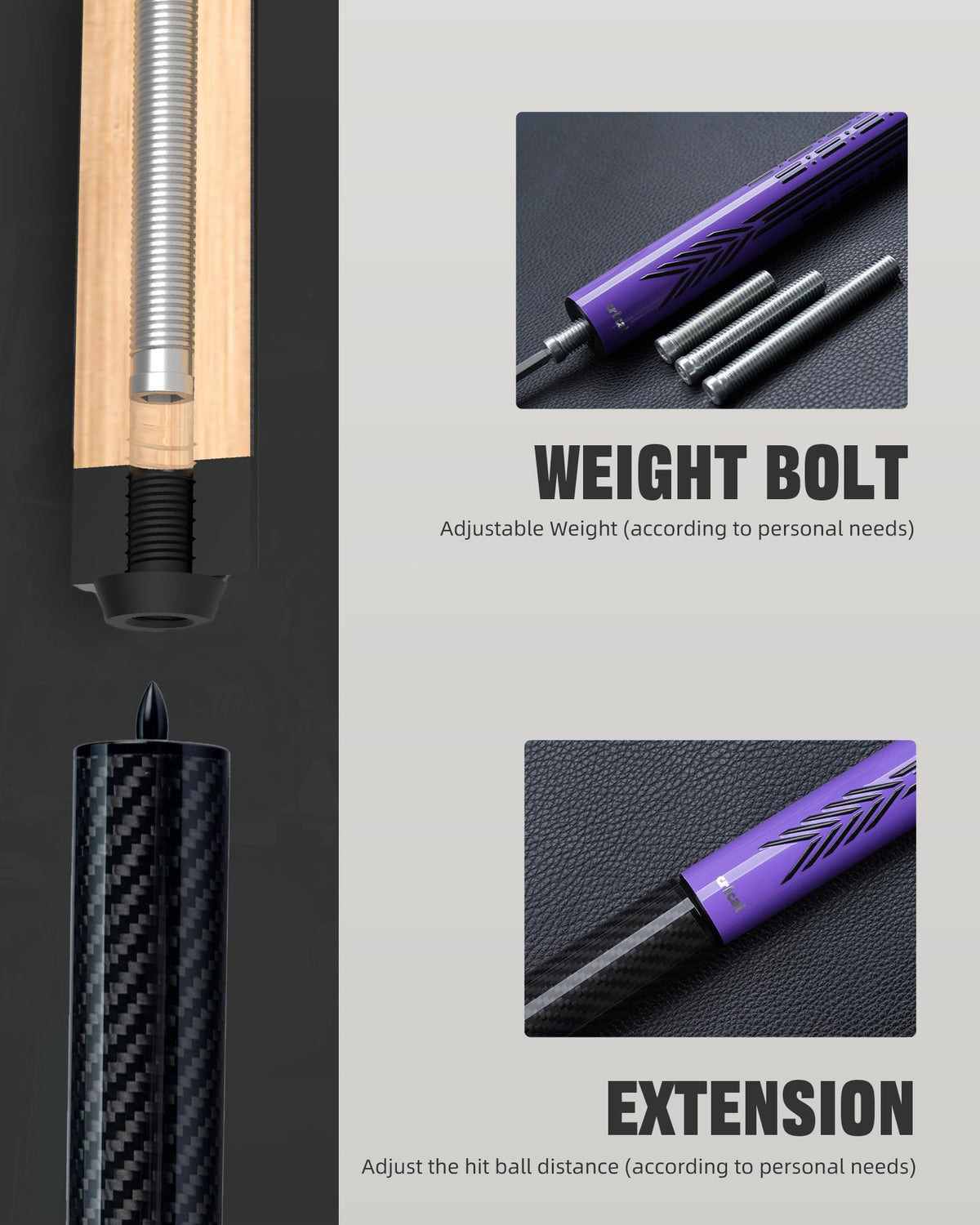 CRICAL Carbon Fiber Pool Cue Stick - 58" Low Deflection Professional Pool Cue with Pro Taper Shaft, 3D Wrapless Grip, 12.5mm Tip & 3/8x8 Joint Billiard Stick for Enhanced Control & Accuracy Purple