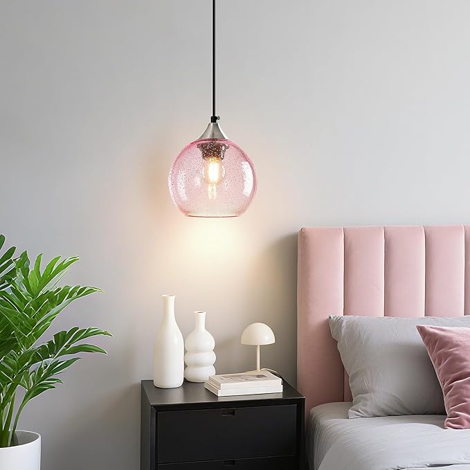 Pink Glass Pendant Lights Kitchen Island Globe Pendant Light Fixtures Modern Pendant Lighting for Bedroom Living Dining Room Light Fixture (5.9 in, 3 Pack)