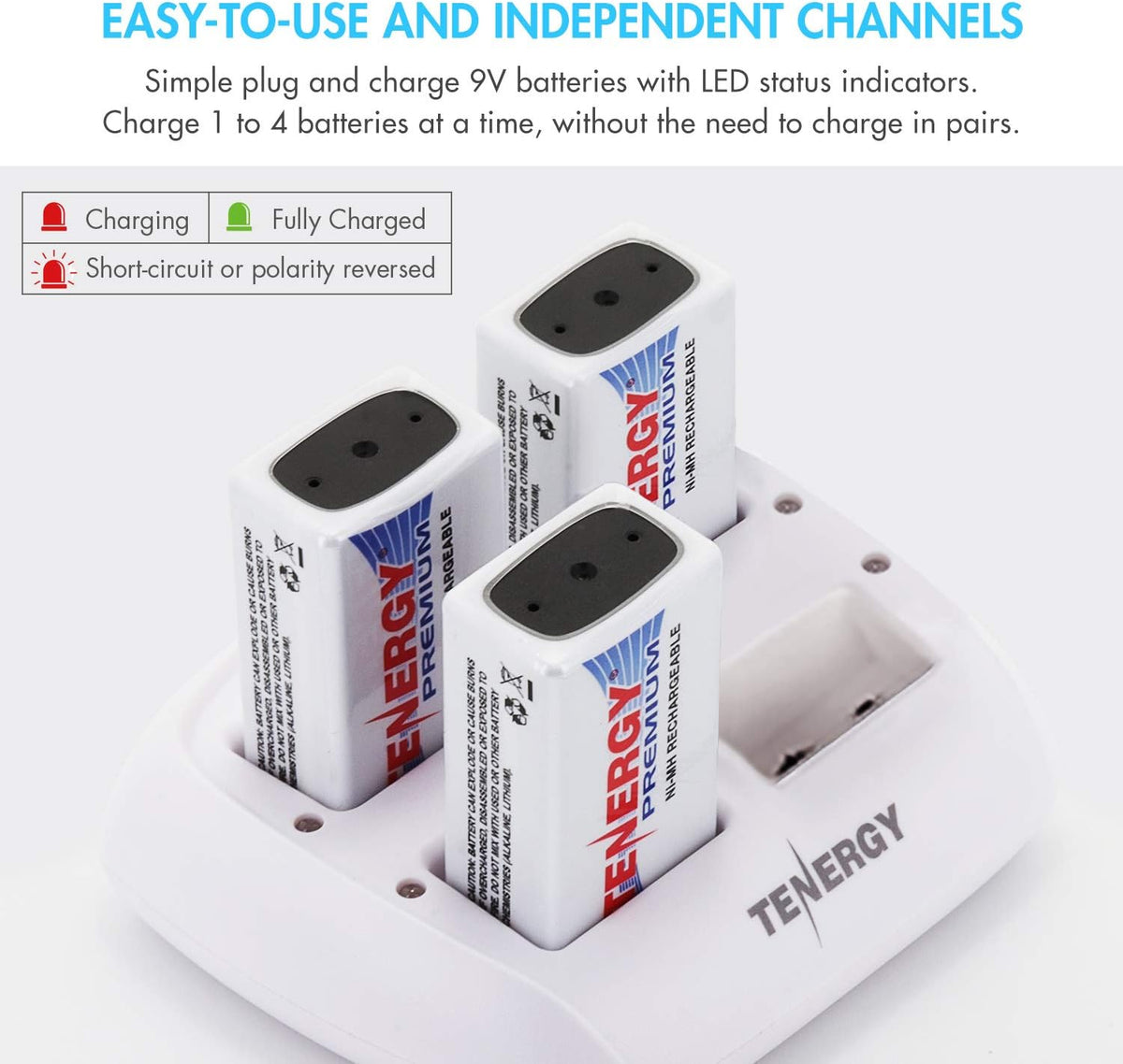 TN136 4 9V 4 9V Tenergy Bay Smart Charger with Pieces Tenergy Premium NiMH Rechargeable Batteries