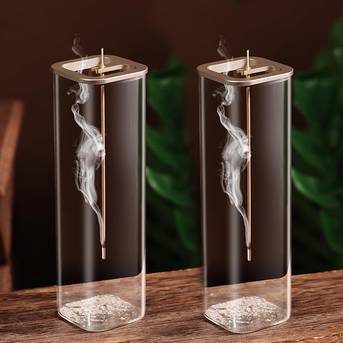 Insence-Stick Holder [Anti-Ash Flying], Modern Incense Burner Holder with Removable Glass Ash Catcher, for Home Decor Yoga Meditation (2 Pack Champagne Gold)