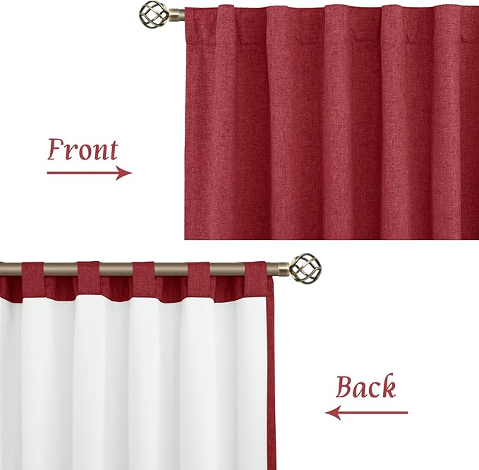 LAMIT Linen 100% Blackout Window Curtains for Bedroom, 45 Inches Linen Textured Thermal Christmas Decor Curtains Back Tab and Rod Pocket Window Panels with White Liner, 2 Panels, 38 x 45 Inch, Red