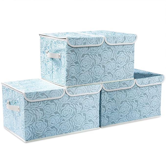 PRANDOM Large Stackable Storage Bins with Lids Fabric Decorative Storage Box Cubes Organizer Containers Baskets with Cover Handles Divider for Bedroom Closet Living Room 17.3x11.8x9.8 Inch 3 Pack